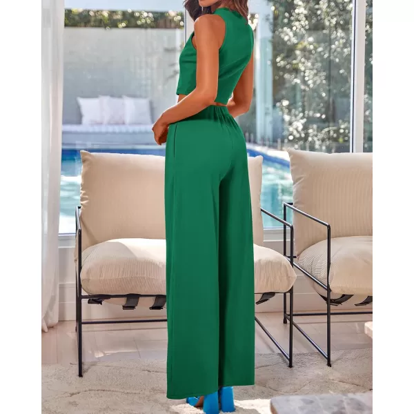 BTFBM Women 2 Piece Outfits Spring Summer Tracksuits Mock Neck Sleeveless Cutout Crop Top Wide Leg Long Pants SweatsuitsSolid Green