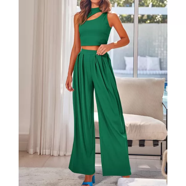 BTFBM Women 2 Piece Outfits Spring Summer Tracksuits Mock Neck Sleeveless Cutout Crop Top Wide Leg Long Pants SweatsuitsSolid Green
