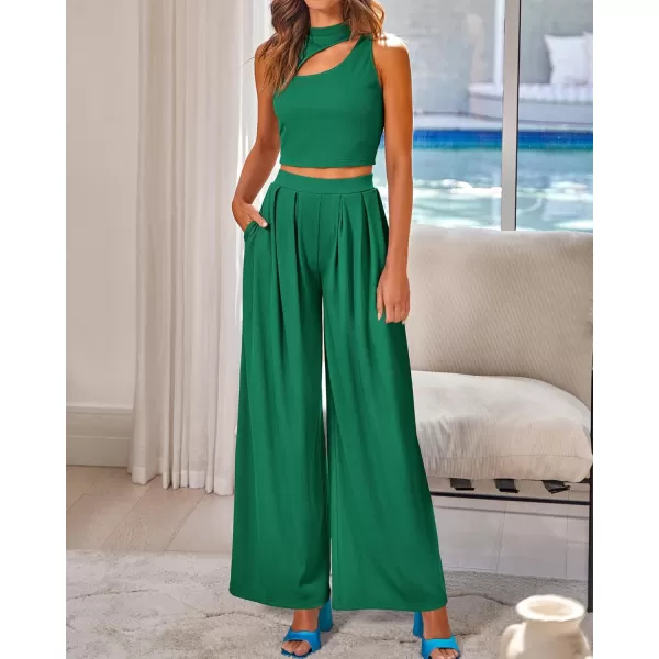 BTFBM Women 2 Piece Outfits Spring Summer Tracksuits Mock Neck Sleeveless Cutout Crop Top Wide Leg Long Pants SweatsuitsSolid Green