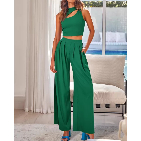 BTFBM Women 2 Piece Outfits Spring Summer Tracksuits Mock Neck Sleeveless Cutout Crop Top Wide Leg Long Pants SweatsuitsSolid Green