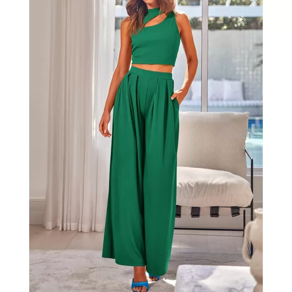BTFBM Women 2 Piece Outfits Spring Summer Tracksuits Mock Neck Sleeveless Cutout Crop Top Wide Leg Long Pants SweatsuitsSolid Green