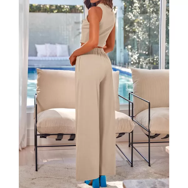 BTFBM Women 2 Piece Outfits Spring Summer Tracksuits Mock Neck Sleeveless Cutout Crop Top Wide Leg Long Pants SweatsuitsSolid Khaki