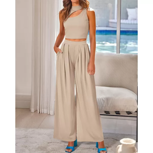 BTFBM Women 2 Piece Outfits Spring Summer Tracksuits Mock Neck Sleeveless Cutout Crop Top Wide Leg Long Pants SweatsuitsSolid Khaki
