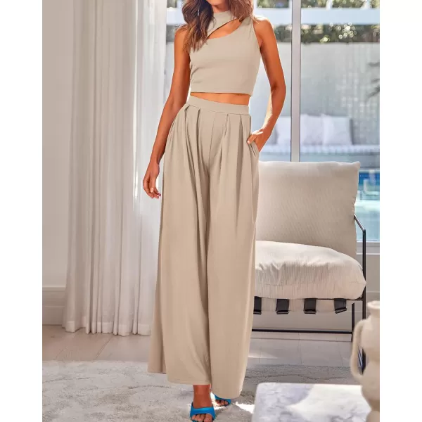 BTFBM Women 2 Piece Outfits Spring Summer Tracksuits Mock Neck Sleeveless Cutout Crop Top Wide Leg Long Pants SweatsuitsSolid Khaki