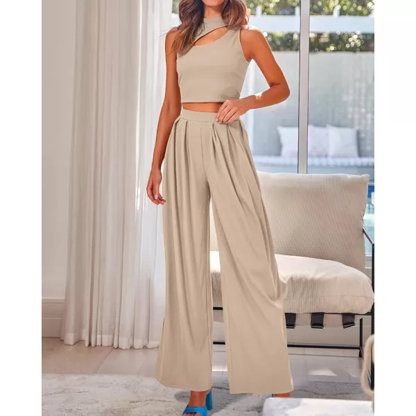 BTFBM Women 2 Piece Outfits Spring Summer Tracksuits Mock Neck Sleeveless Cutout Crop Top Wide Leg Long Pants SweatsuitsSolid Khaki