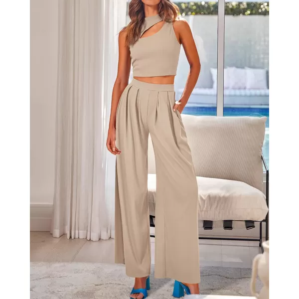 BTFBM Women 2 Piece Outfits Spring Summer Tracksuits Mock Neck Sleeveless Cutout Crop Top Wide Leg Long Pants SweatsuitsSolid Khaki