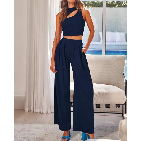 BTFBM Women 2 Piece Outfits Spring Summer Tracksuits Mock Neck Sleeveless Cutout Crop Top Wide Leg Long Pants SweatsuitsSolid Navy
