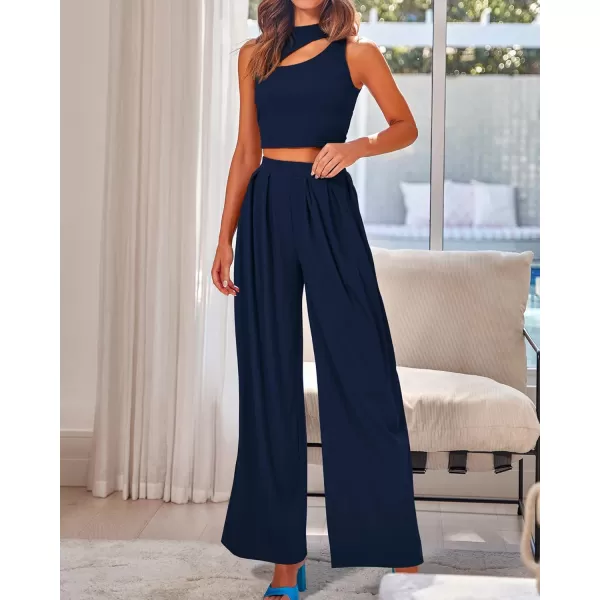 BTFBM Women 2 Piece Outfits Spring Summer Tracksuits Mock Neck Sleeveless Cutout Crop Top Wide Leg Long Pants SweatsuitsSolid Navy