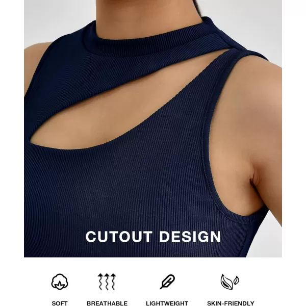 BTFBM Women 2 Piece Outfits Spring Summer Tracksuits Mock Neck Sleeveless Cutout Crop Top Wide Leg Long Pants SweatsuitsSolid Navy