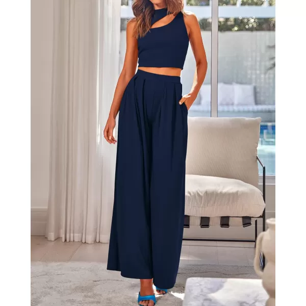 BTFBM Women 2 Piece Outfits Spring Summer Tracksuits Mock Neck Sleeveless Cutout Crop Top Wide Leg Long Pants SweatsuitsSolid Navy