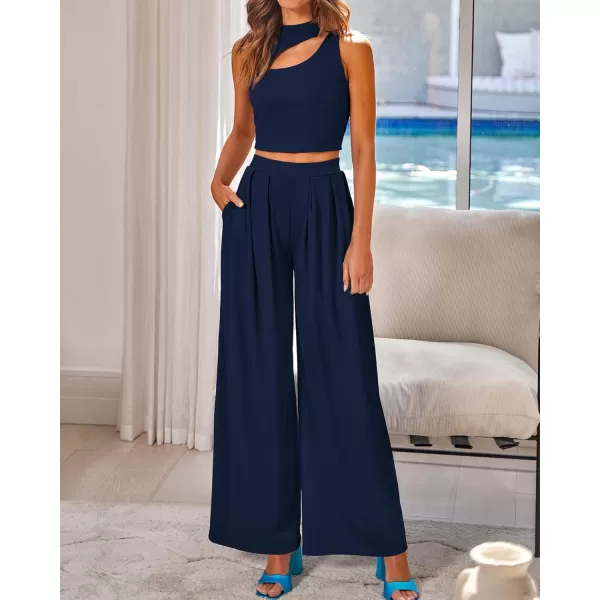 BTFBM Women 2 Piece Outfits Spring Summer Tracksuits Mock Neck Sleeveless Cutout Crop Top Wide Leg Long Pants SweatsuitsSolid Navy