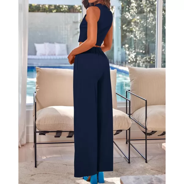 BTFBM Women 2 Piece Outfits Spring Summer Tracksuits Mock Neck Sleeveless Cutout Crop Top Wide Leg Long Pants SweatsuitsSolid Navy