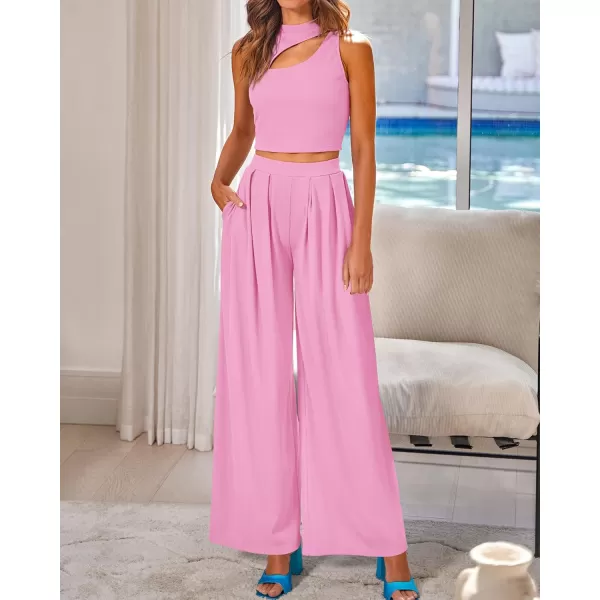 BTFBM Women 2 Piece Outfits Spring Summer Tracksuits Mock Neck Sleeveless Cutout Crop Top Wide Leg Long Pants SweatsuitsSolid Pink