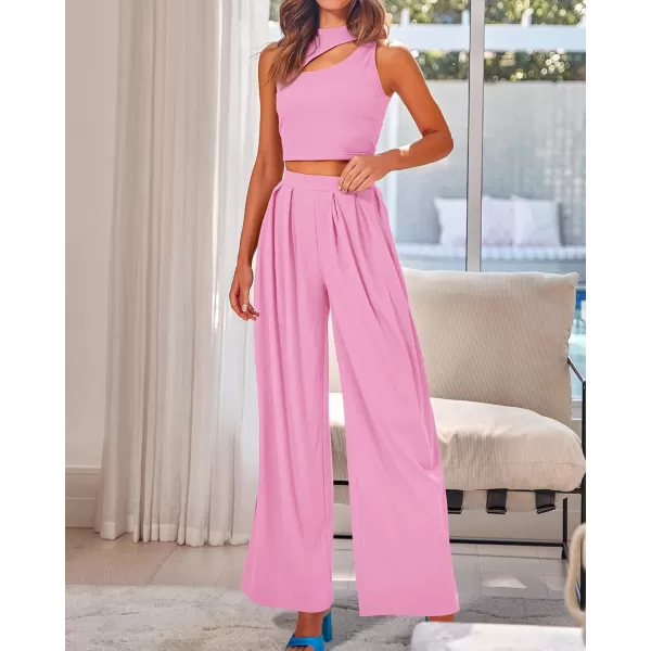 BTFBM Women 2 Piece Outfits Spring Summer Tracksuits Mock Neck Sleeveless Cutout Crop Top Wide Leg Long Pants SweatsuitsSolid Pink