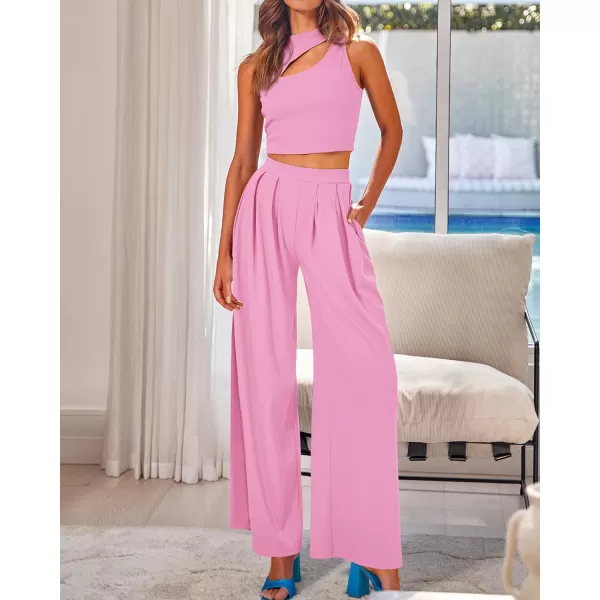 BTFBM Women 2 Piece Outfits Spring Summer Tracksuits Mock Neck Sleeveless Cutout Crop Top Wide Leg Long Pants SweatsuitsSolid Pink