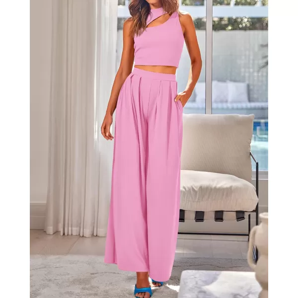 BTFBM Women 2 Piece Outfits Spring Summer Tracksuits Mock Neck Sleeveless Cutout Crop Top Wide Leg Long Pants SweatsuitsSolid Pink