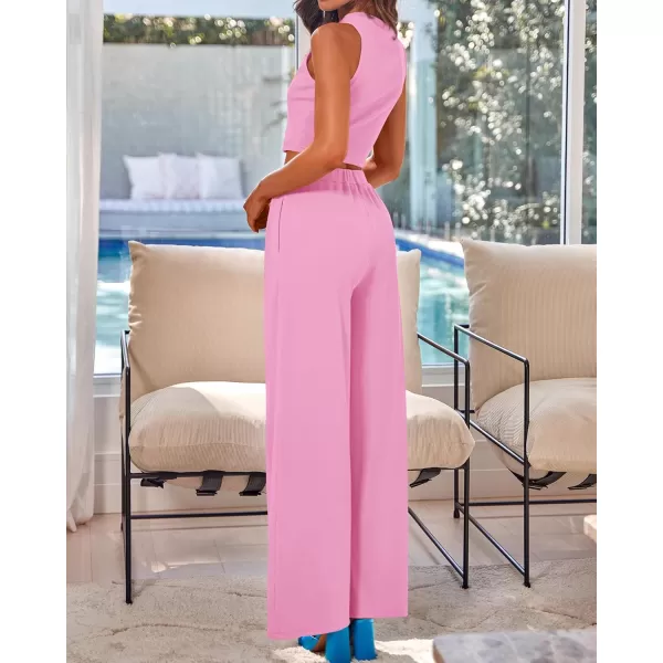 BTFBM Women 2 Piece Outfits Spring Summer Tracksuits Mock Neck Sleeveless Cutout Crop Top Wide Leg Long Pants SweatsuitsSolid Pink