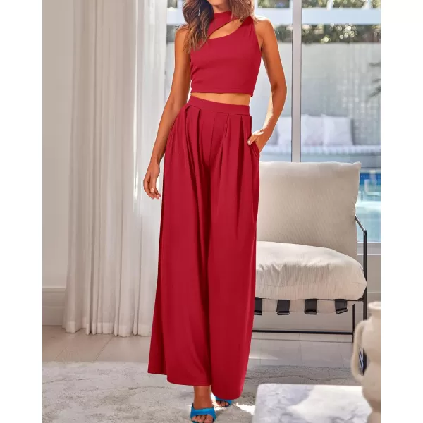 BTFBM Women 2 Piece Outfits Spring Summer Tracksuits Mock Neck Sleeveless Cutout Crop Top Wide Leg Long Pants SweatsuitsSolid Red