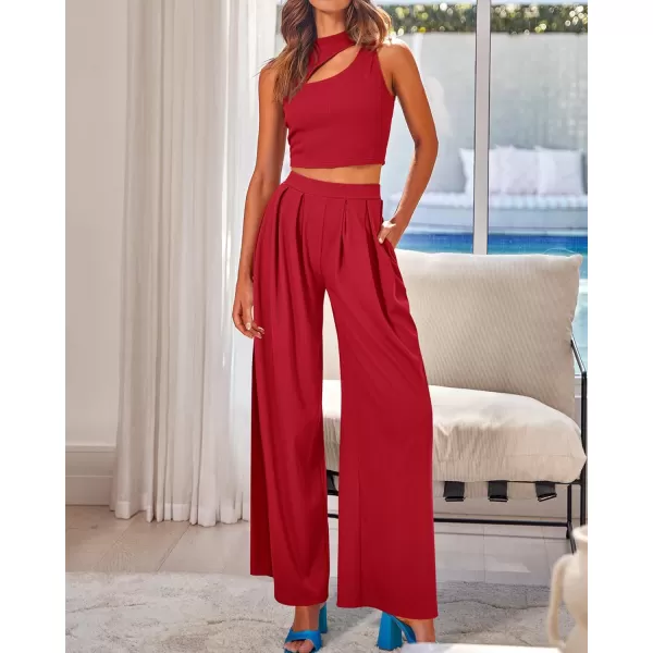 BTFBM Women 2 Piece Outfits Spring Summer Tracksuits Mock Neck Sleeveless Cutout Crop Top Wide Leg Long Pants SweatsuitsSolid Red