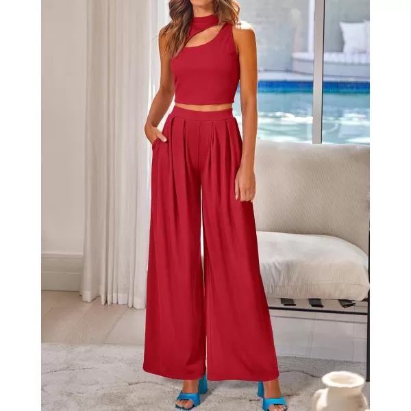 BTFBM Women 2 Piece Outfits Spring Summer Tracksuits Mock Neck Sleeveless Cutout Crop Top Wide Leg Long Pants SweatsuitsSolid Red