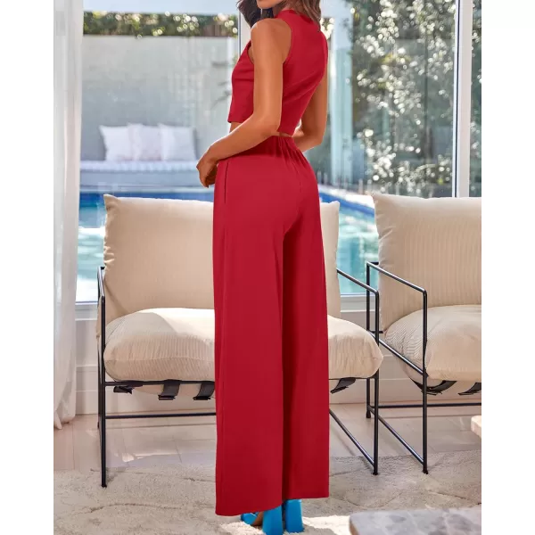 BTFBM Women 2 Piece Outfits Spring Summer Tracksuits Mock Neck Sleeveless Cutout Crop Top Wide Leg Long Pants SweatsuitsSolid Red