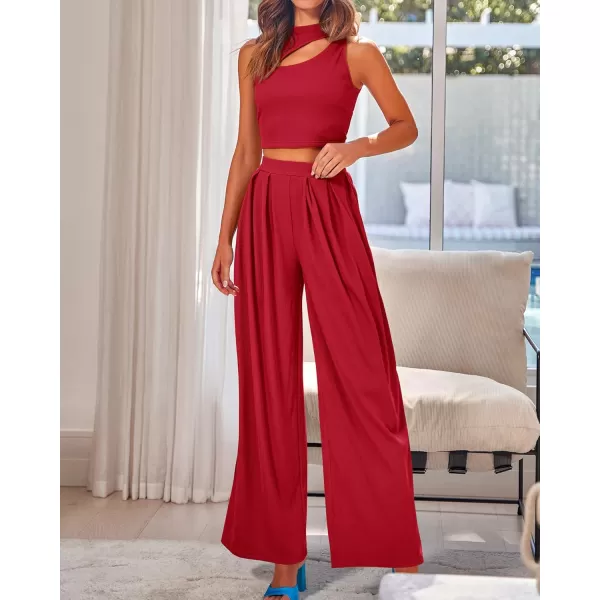 BTFBM Women 2 Piece Outfits Spring Summer Tracksuits Mock Neck Sleeveless Cutout Crop Top Wide Leg Long Pants SweatsuitsSolid Red
