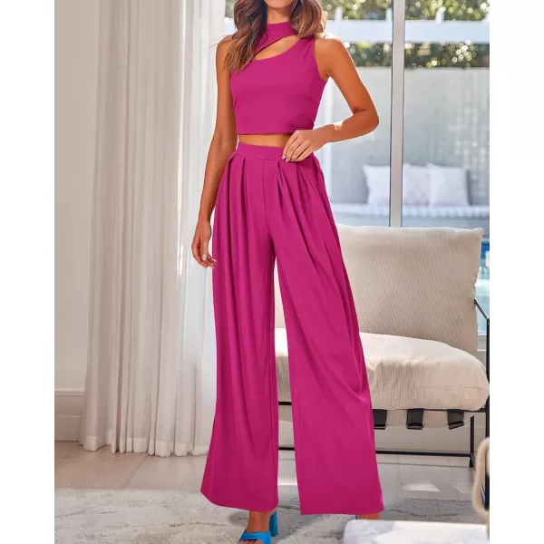 BTFBM Women 2 Piece Outfits Spring Summer Tracksuits Mock Neck Sleeveless Cutout Crop Top Wide Leg Long Pants SweatsuitsSolid Rose Red