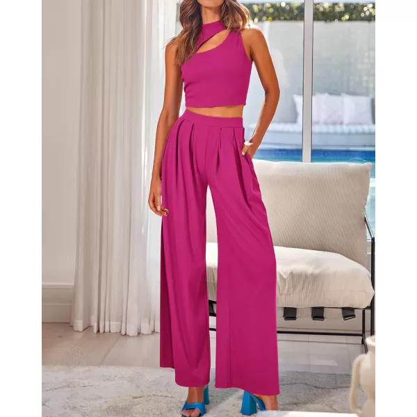 BTFBM Women 2 Piece Outfits Spring Summer Tracksuits Mock Neck Sleeveless Cutout Crop Top Wide Leg Long Pants SweatsuitsSolid Rose Red