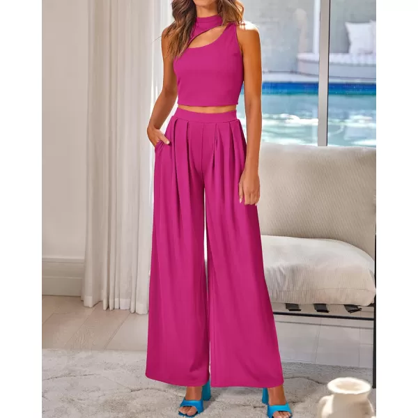 BTFBM Women 2 Piece Outfits Spring Summer Tracksuits Mock Neck Sleeveless Cutout Crop Top Wide Leg Long Pants SweatsuitsSolid Rose Red