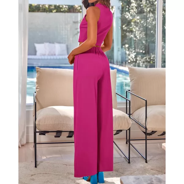 BTFBM Women 2 Piece Outfits Spring Summer Tracksuits Mock Neck Sleeveless Cutout Crop Top Wide Leg Long Pants SweatsuitsSolid Rose Red