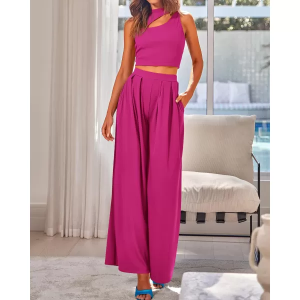 BTFBM Women 2 Piece Outfits Spring Summer Tracksuits Mock Neck Sleeveless Cutout Crop Top Wide Leg Long Pants SweatsuitsSolid Rose Red