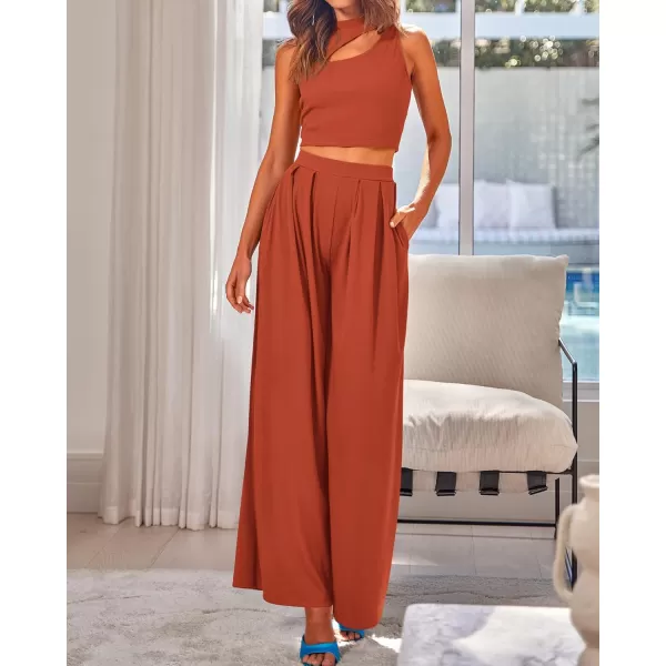 BTFBM Women 2 Piece Outfits Spring Summer Tracksuits Mock Neck Sleeveless Cutout Crop Top Wide Leg Long Pants SweatsuitsSolid Rust Red