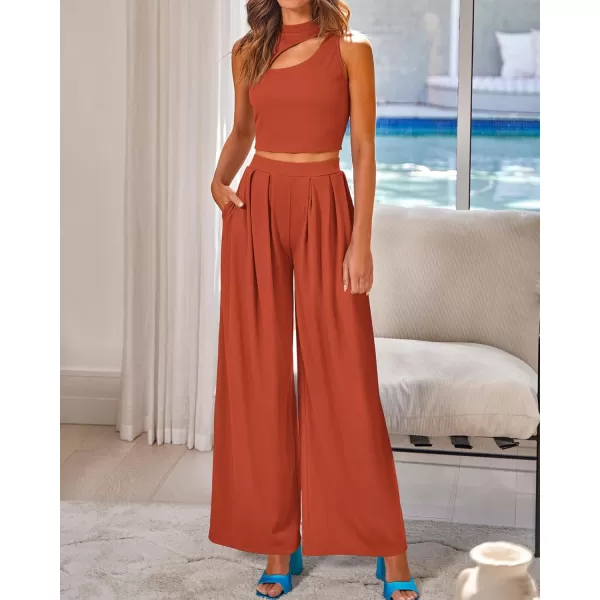 BTFBM Women 2 Piece Outfits Spring Summer Tracksuits Mock Neck Sleeveless Cutout Crop Top Wide Leg Long Pants SweatsuitsSolid Rust Red