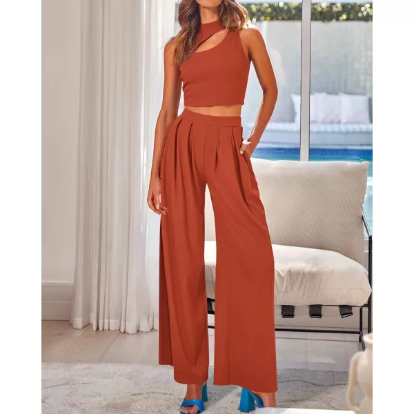 BTFBM Women 2 Piece Outfits Spring Summer Tracksuits Mock Neck Sleeveless Cutout Crop Top Wide Leg Long Pants SweatsuitsSolid Rust Red