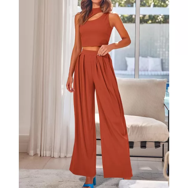 BTFBM Women 2 Piece Outfits Spring Summer Tracksuits Mock Neck Sleeveless Cutout Crop Top Wide Leg Long Pants SweatsuitsSolid Rust Red