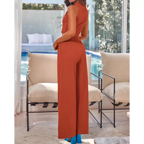 BTFBM Women 2 Piece Outfits Spring Summer Tracksuits Mock Neck Sleeveless Cutout Crop Top Wide Leg Long Pants SweatsuitsSolid Rust Red