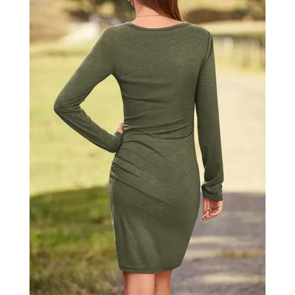 BTFBM Women Fashion Ruched Elegant Bodycon Long Sleeve Wrap Front Solid Color Casual Basic Fitted Short DressesArmy Green