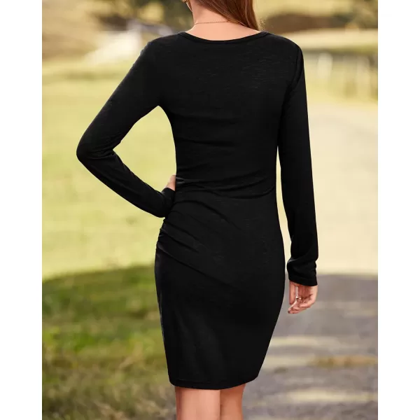 BTFBM Women Fashion Ruched Elegant Bodycon Long Sleeve Wrap Front Solid Color Casual Basic Fitted Short DressesBlack