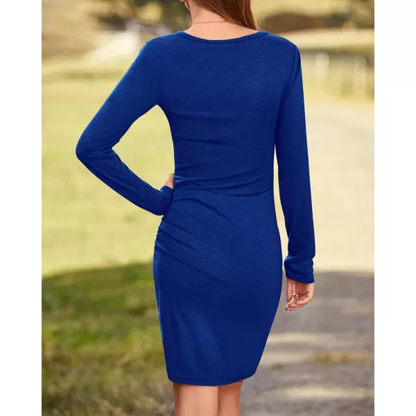BTFBM Women Fashion Ruched Elegant Bodycon Long Sleeve Wrap Front Solid Color Casual Basic Fitted Short DressesBright Blue
