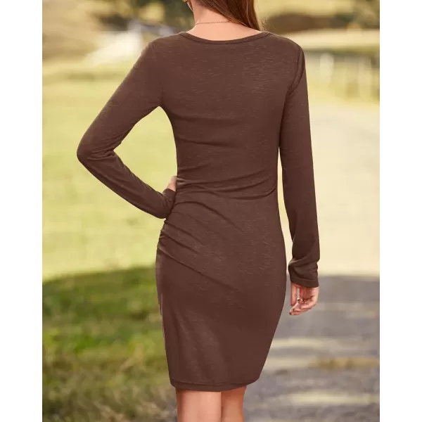 BTFBM Women Fashion Ruched Elegant Bodycon Long Sleeve Wrap Front Solid Color Casual Basic Fitted Short DressesDark Brown