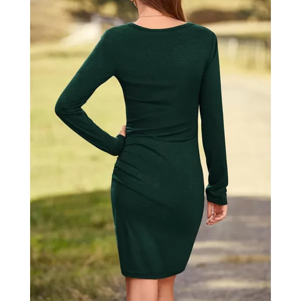 BTFBM Women Fashion Ruched Elegant Bodycon Long Sleeve Wrap Front Solid Color Casual Basic Fitted Short DressesDark Green