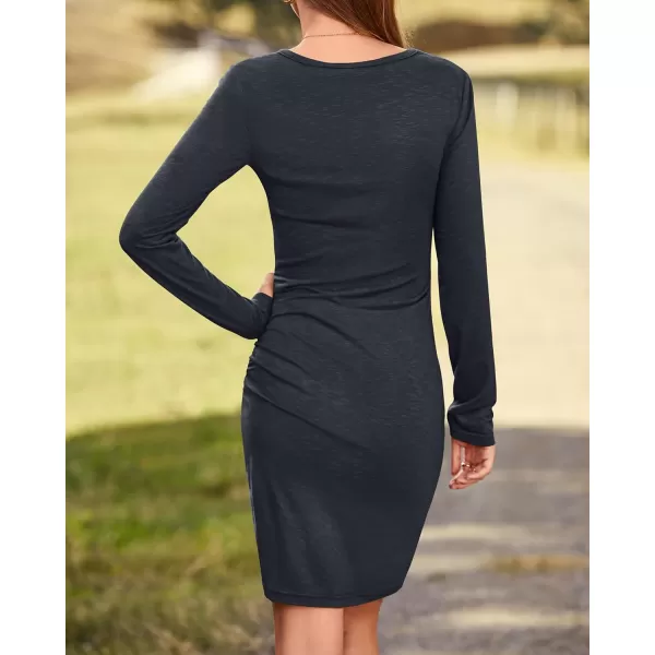 BTFBM Women Fashion Ruched Elegant Bodycon Long Sleeve Wrap Front Solid Color Casual Basic Fitted Short DressesDark Grey