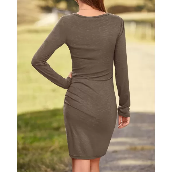 BTFBM Women Fashion Ruched Elegant Bodycon Long Sleeve Wrap Front Solid Color Casual Basic Fitted Short DressesDark Khaki