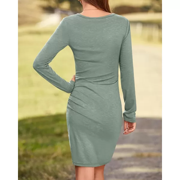 BTFBM Women Fashion Ruched Elegant Bodycon Long Sleeve Wrap Front Solid Color Casual Basic Fitted Short DressesGrey Green