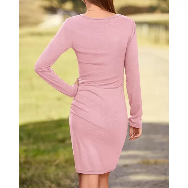 BTFBM Women Fashion Ruched Elegant Bodycon Long Sleeve Wrap Front Solid Color Casual Basic Fitted Short DressesLight Pink