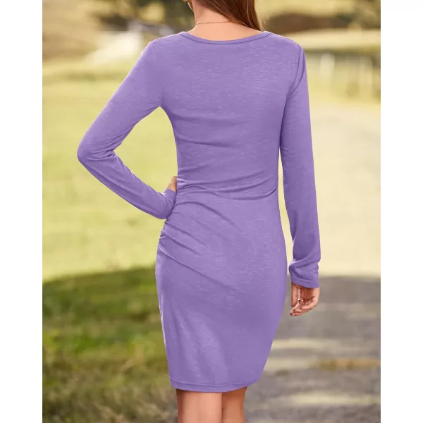BTFBM Women Fashion Ruched Elegant Bodycon Long Sleeve Wrap Front Solid Color Casual Basic Fitted Short DressesLight Purple
