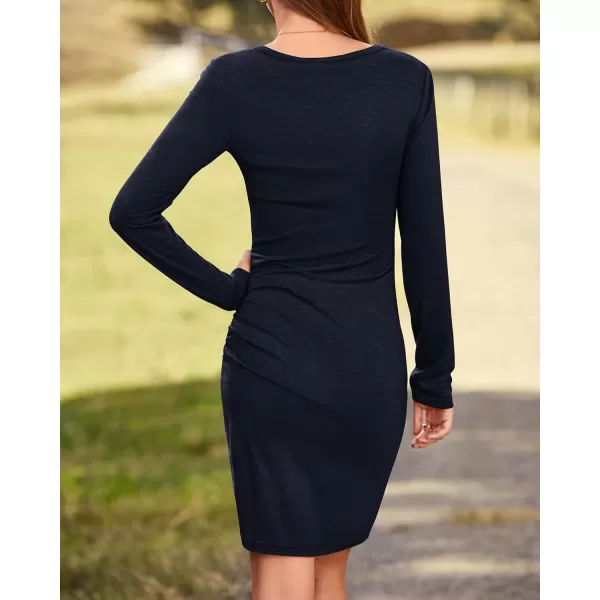 BTFBM Women Fashion Ruched Elegant Bodycon Long Sleeve Wrap Front Solid Color Casual Basic Fitted Short DressesNavy