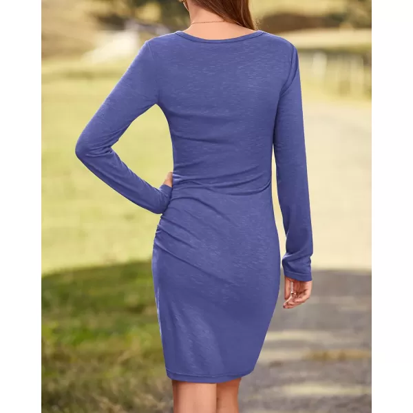 BTFBM Women Fashion Ruched Elegant Bodycon Long Sleeve Wrap Front Solid Color Casual Basic Fitted Short DressesPurple Blue