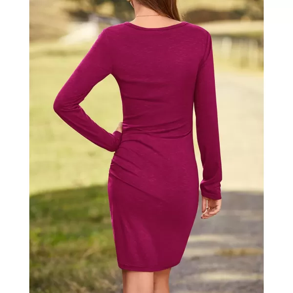 BTFBM Women Fashion Ruched Elegant Bodycon Long Sleeve Wrap Front Solid Color Casual Basic Fitted Short DressesRose Red
