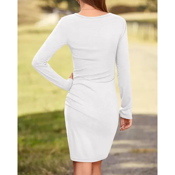 BTFBM Women Fashion Ruched Elegant Bodycon Long Sleeve Wrap Front Solid Color Casual Basic Fitted Short DressesWhite